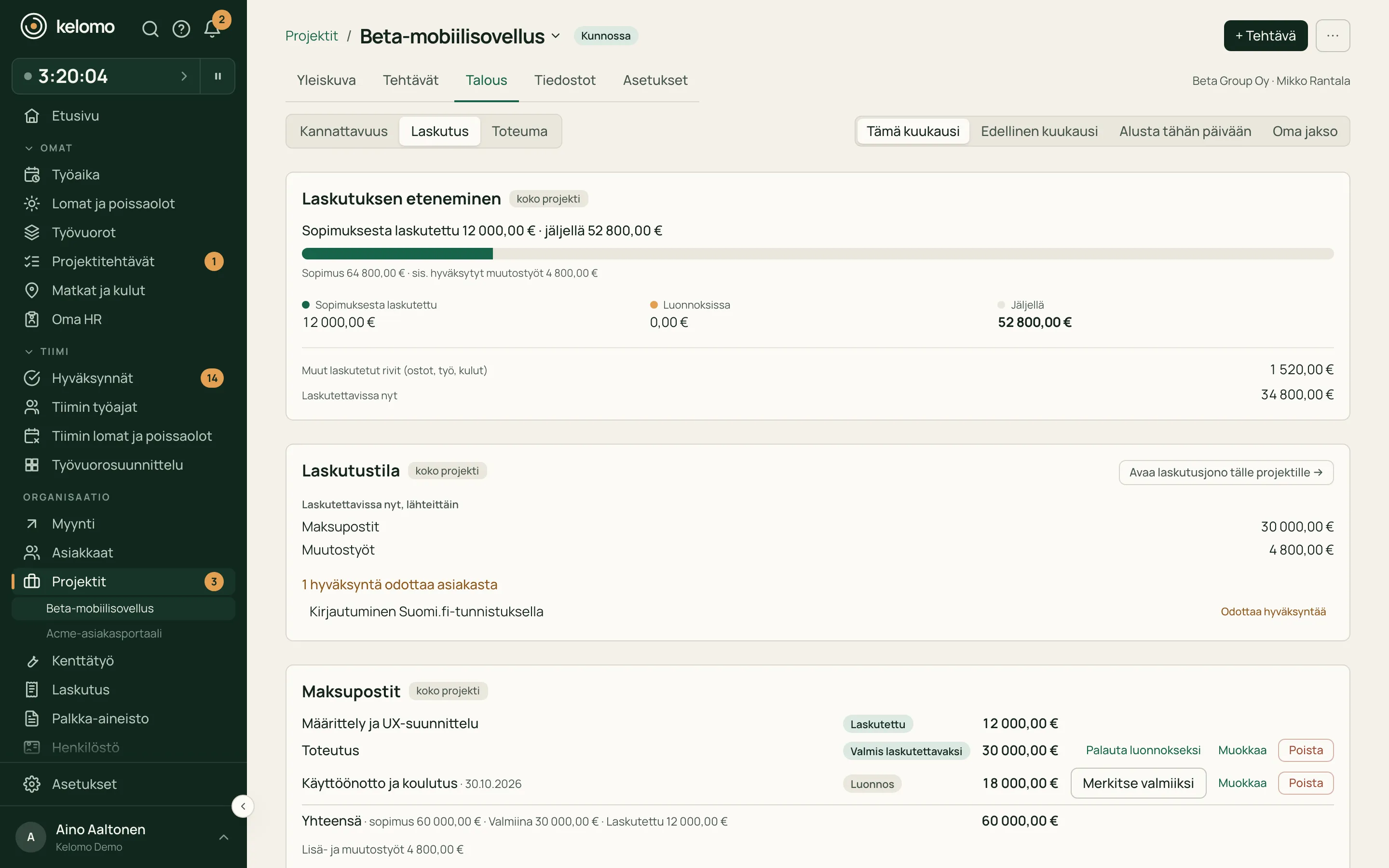 Projektin laskutus Kelomossa: maksupostit, hyväksytyt lisätyöt ja laskutettavissa oleva summa