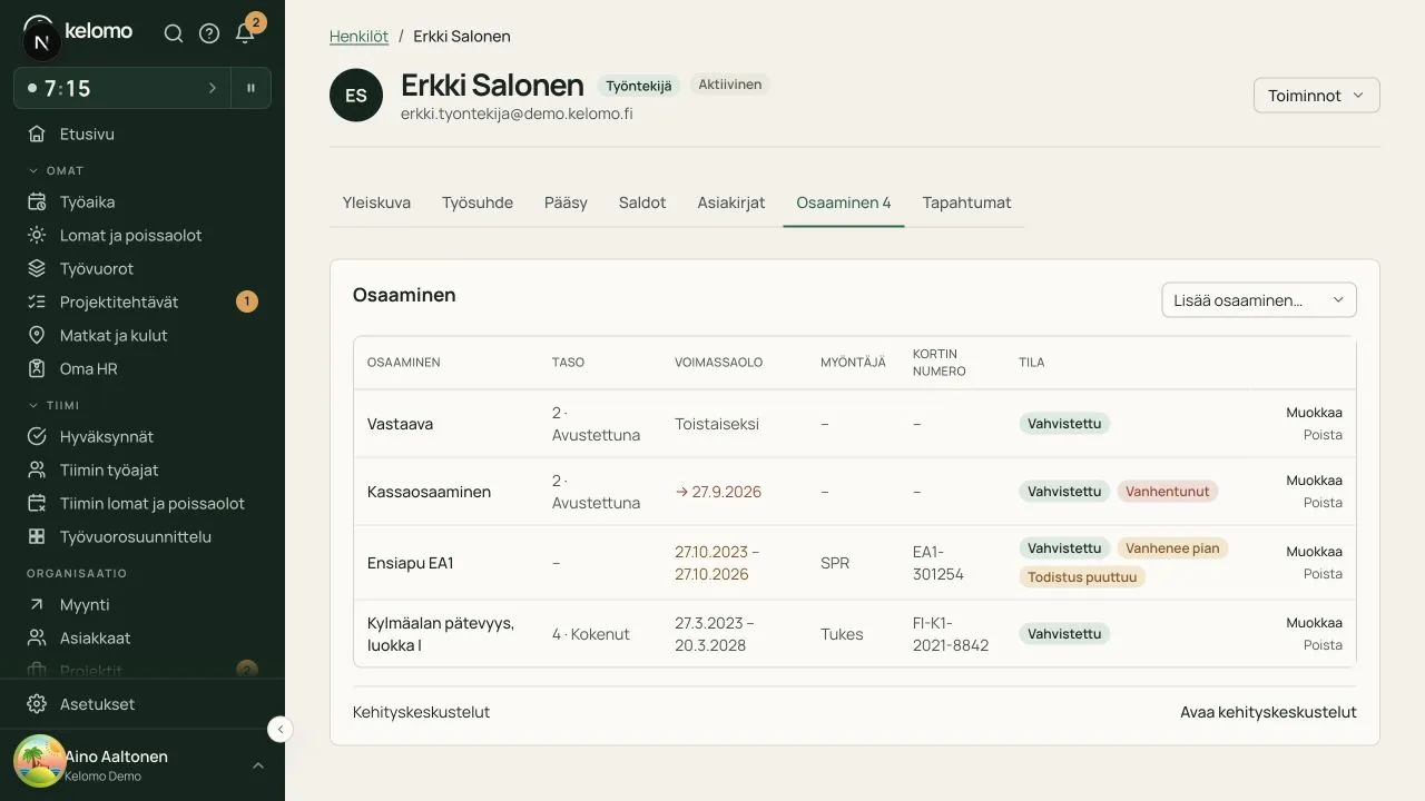 Työntekijän pätevyydet, voimassaoloajat ja vanhenemisesta kertovat merkinnät