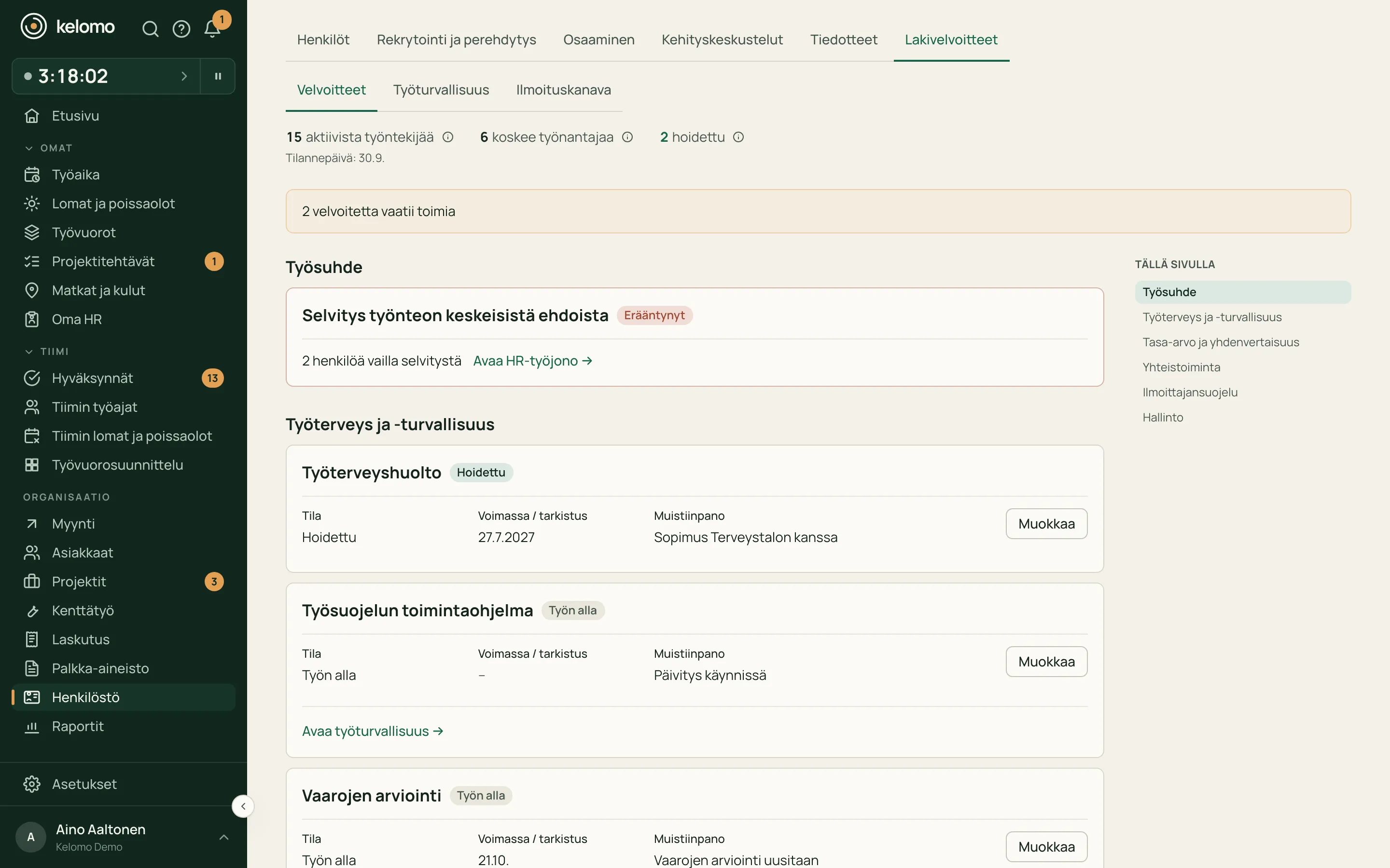Työnantajan velvoitteet ja niiden käsittelyn tilat Kelomossa