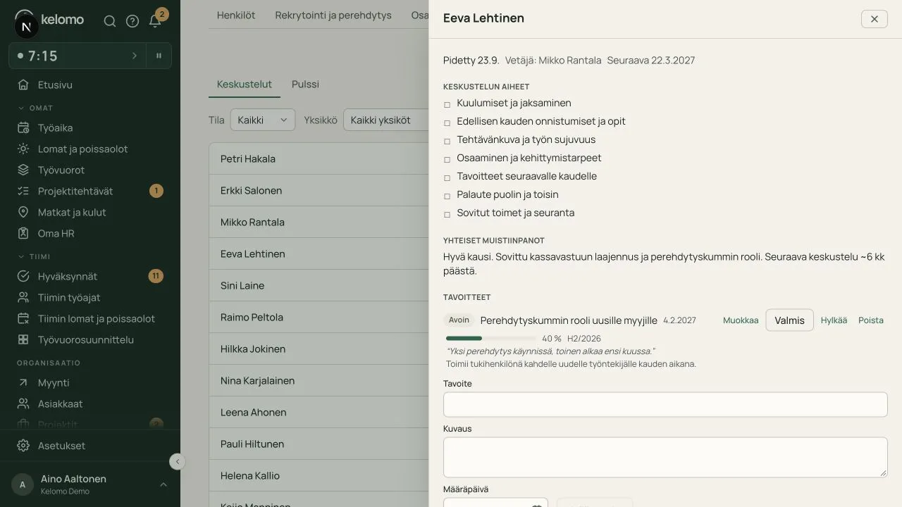 Kehityskeskustelun aiheet, yhteiset muistiinpanot ja tavoitteiden eteneminen