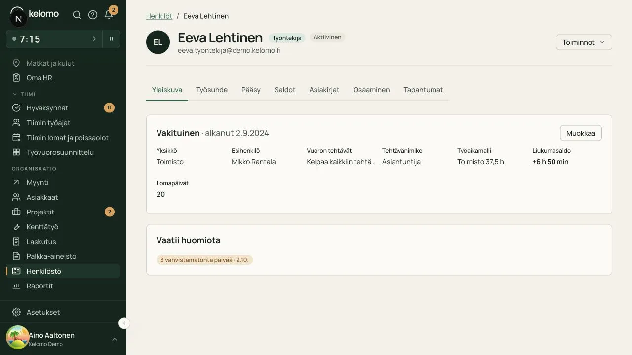 Työntekijän työsuhteen perustiedot, esihenkilö ja työaikamalli