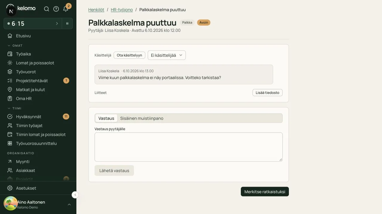 HR-palvelupyynnön viestiketju, käsittelijän valinta ja vastaaminen