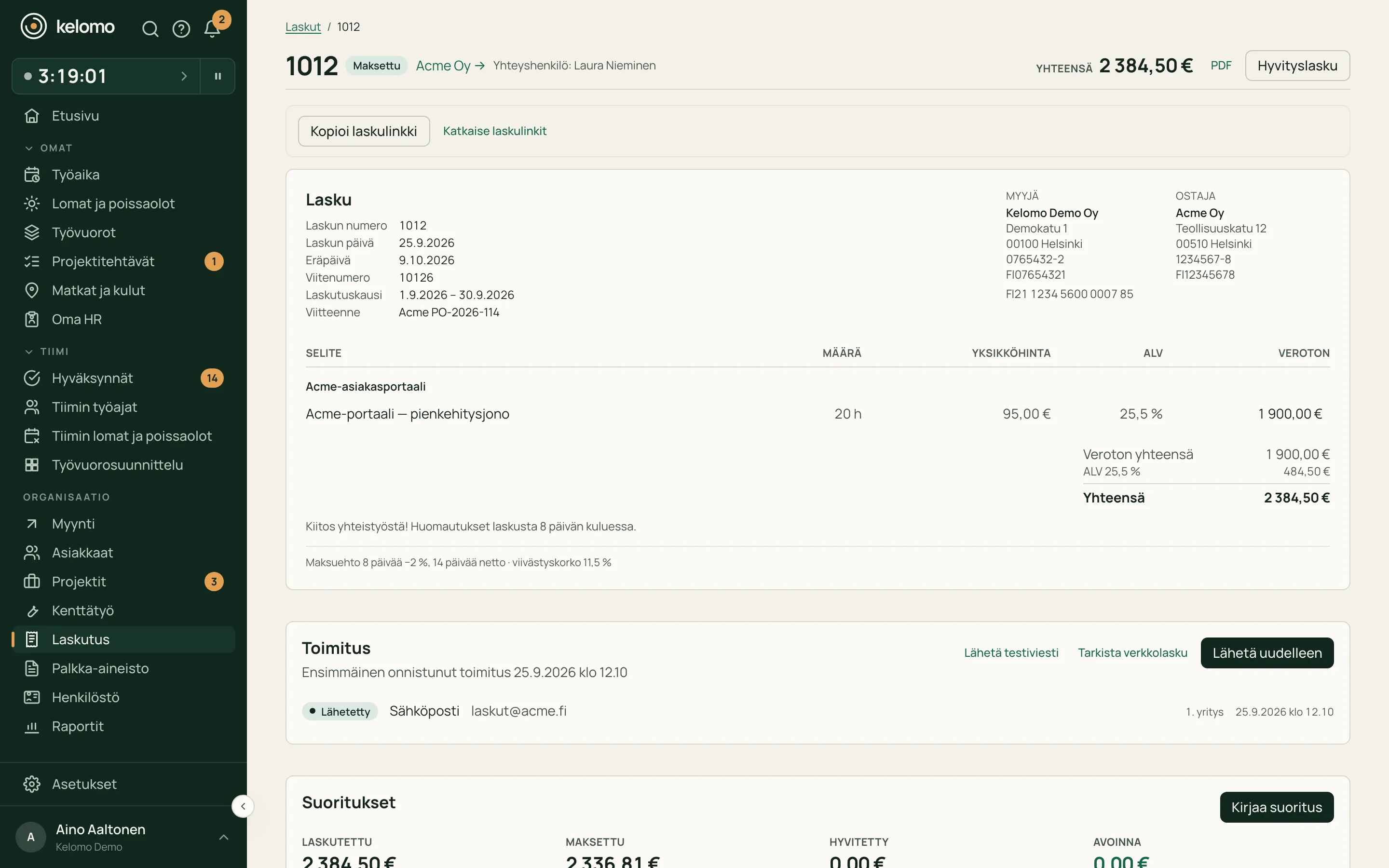 Laskun sivu: numeroitu lasku, toimituksen tila ja suoritukset kassa-alennuksineen