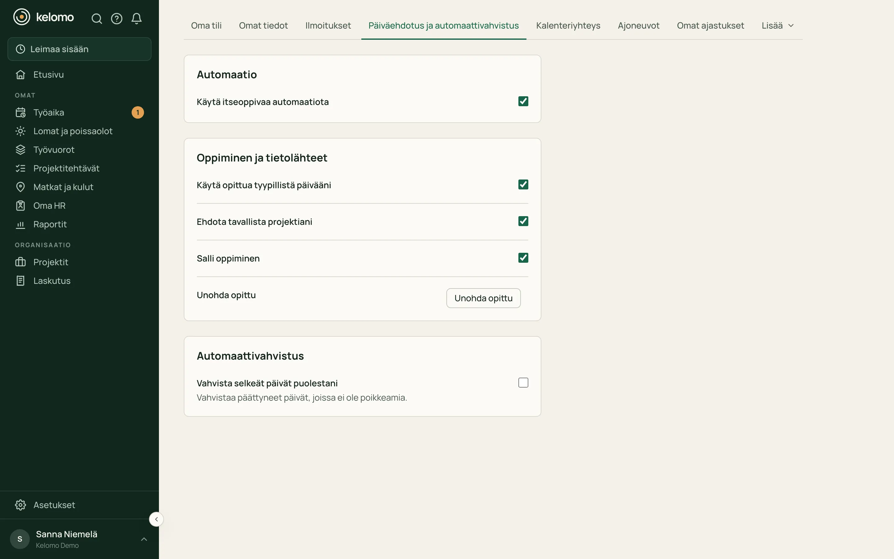 Päiväehdotusten ja automaattivahvistuksen omat asetukset