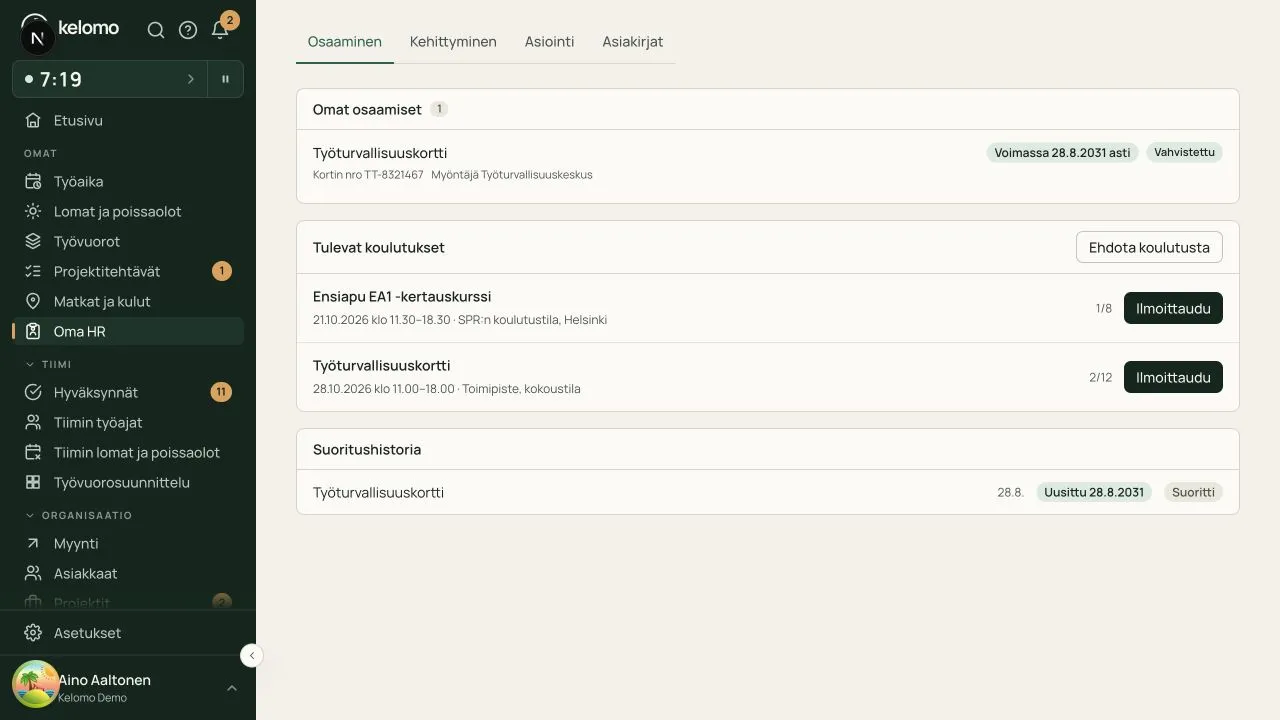 Työntekijän omat pätevyydet, koulutukset ja suoritushistoria