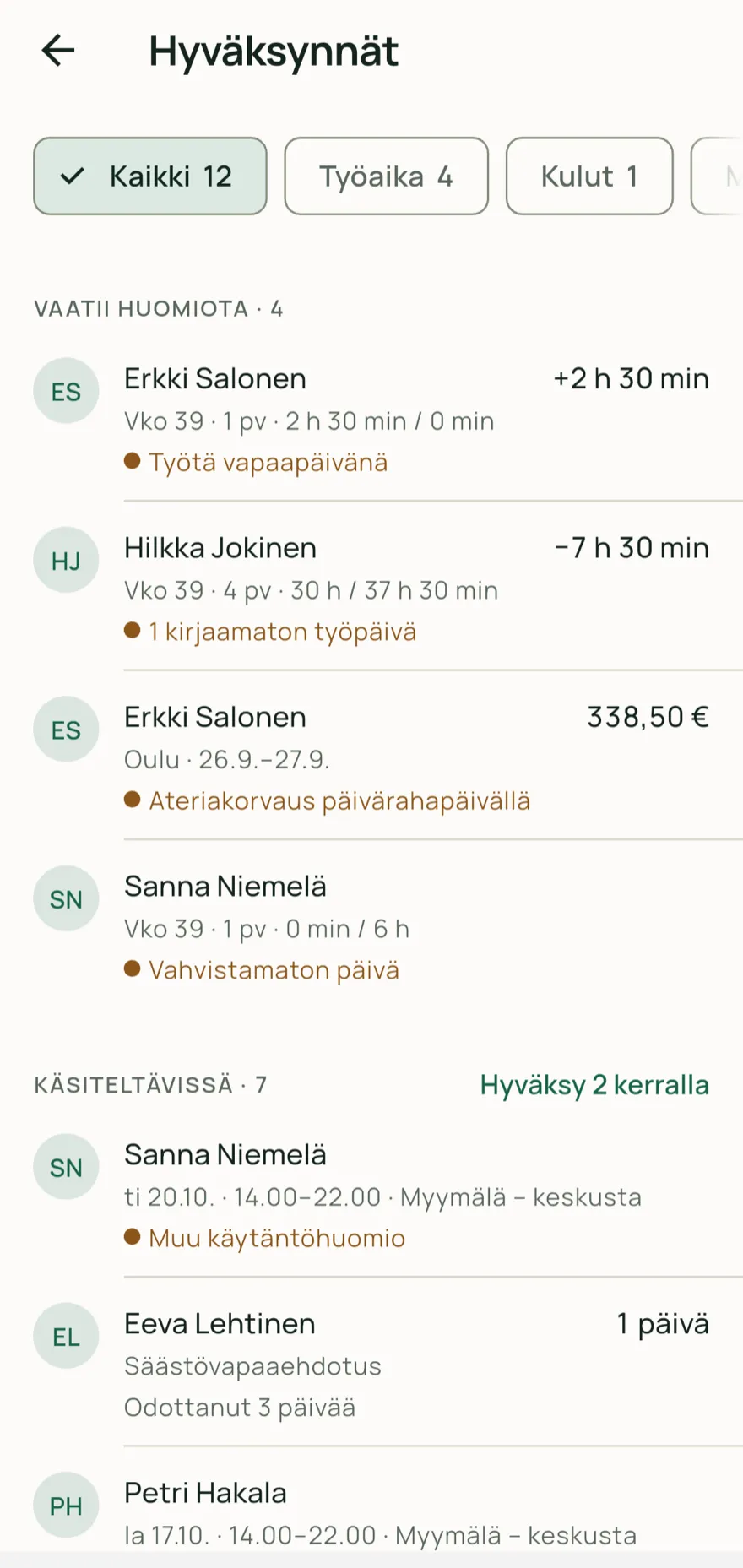 Kelomon mobiilisovellus: esihenkilön hyväksynnät
