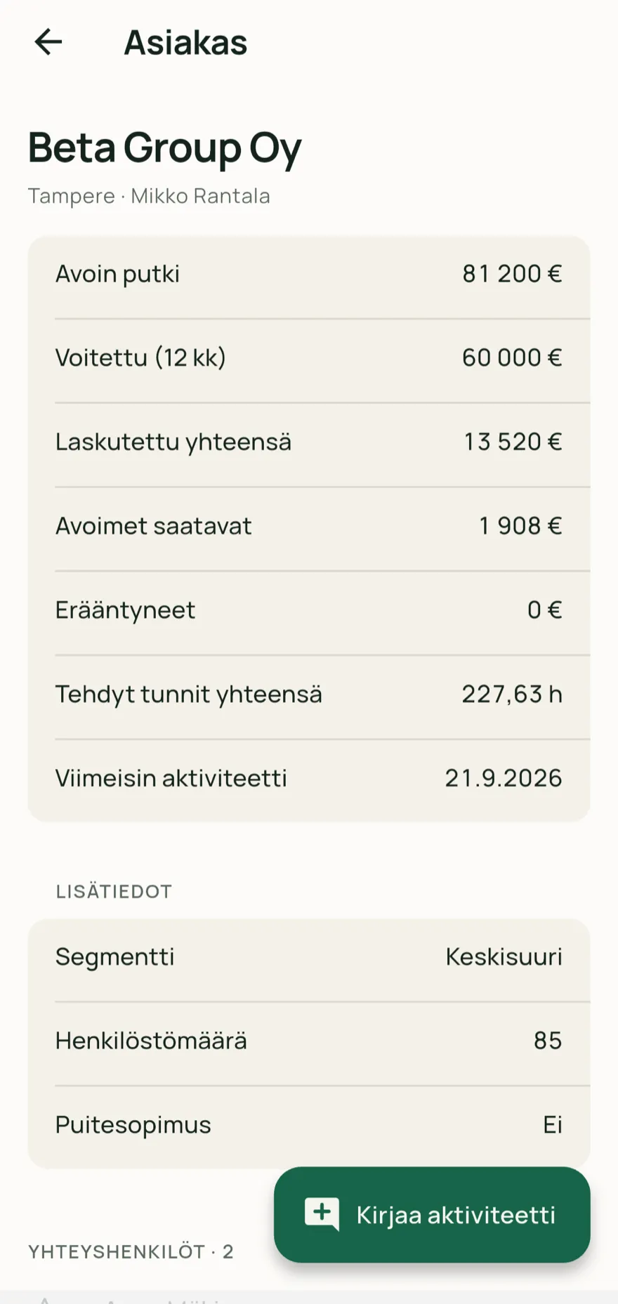 Kelomon mobiilisovellus: asiakkaan tiedot ja yhteyshenkilöt
