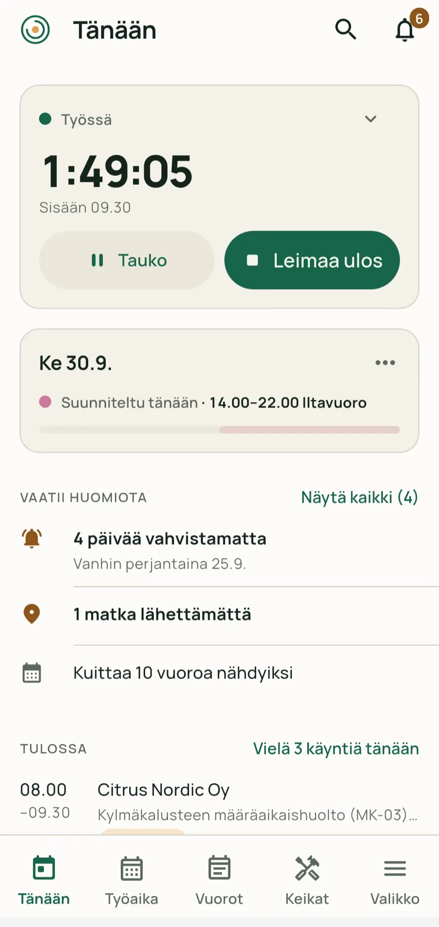 Kelomon mobiilisovellus: työntekijän päivänäkymä