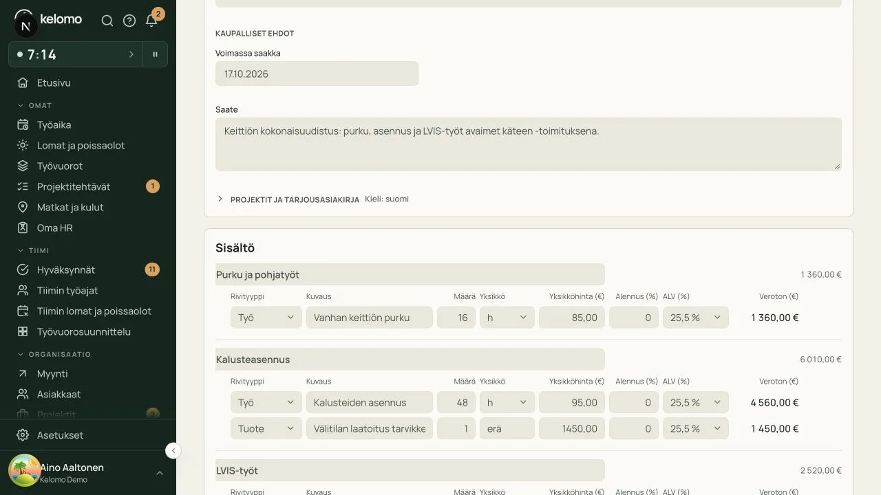 Tarjouksen sisältö ja hinnoittelu osioittain