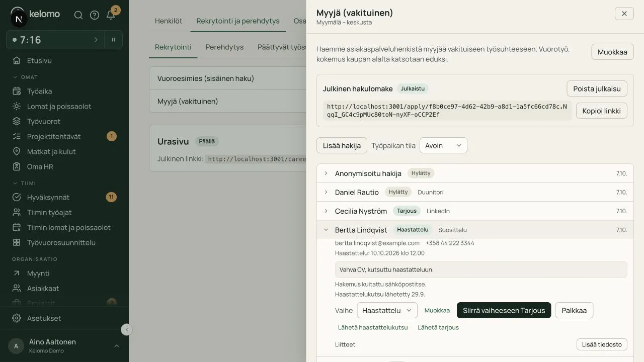 Rekrytoinnin hakijat, hakemuksen muistiinpanot ja haastattelun seuraava vaihe
