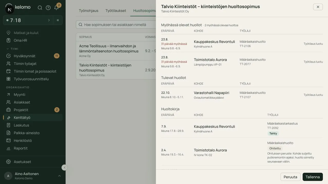 Huoltosopimuksen tulevat huollot, eräpäivät ja aiemmin tehdyt työt