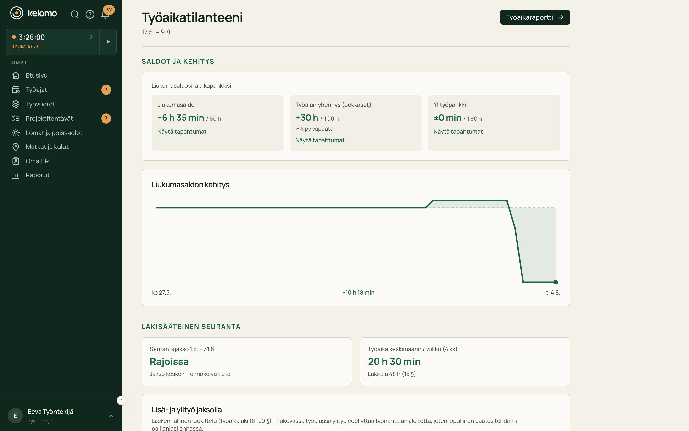 Liukumasaldo ja saldon kehitys ajan tasalla, ilman käsin laskemista