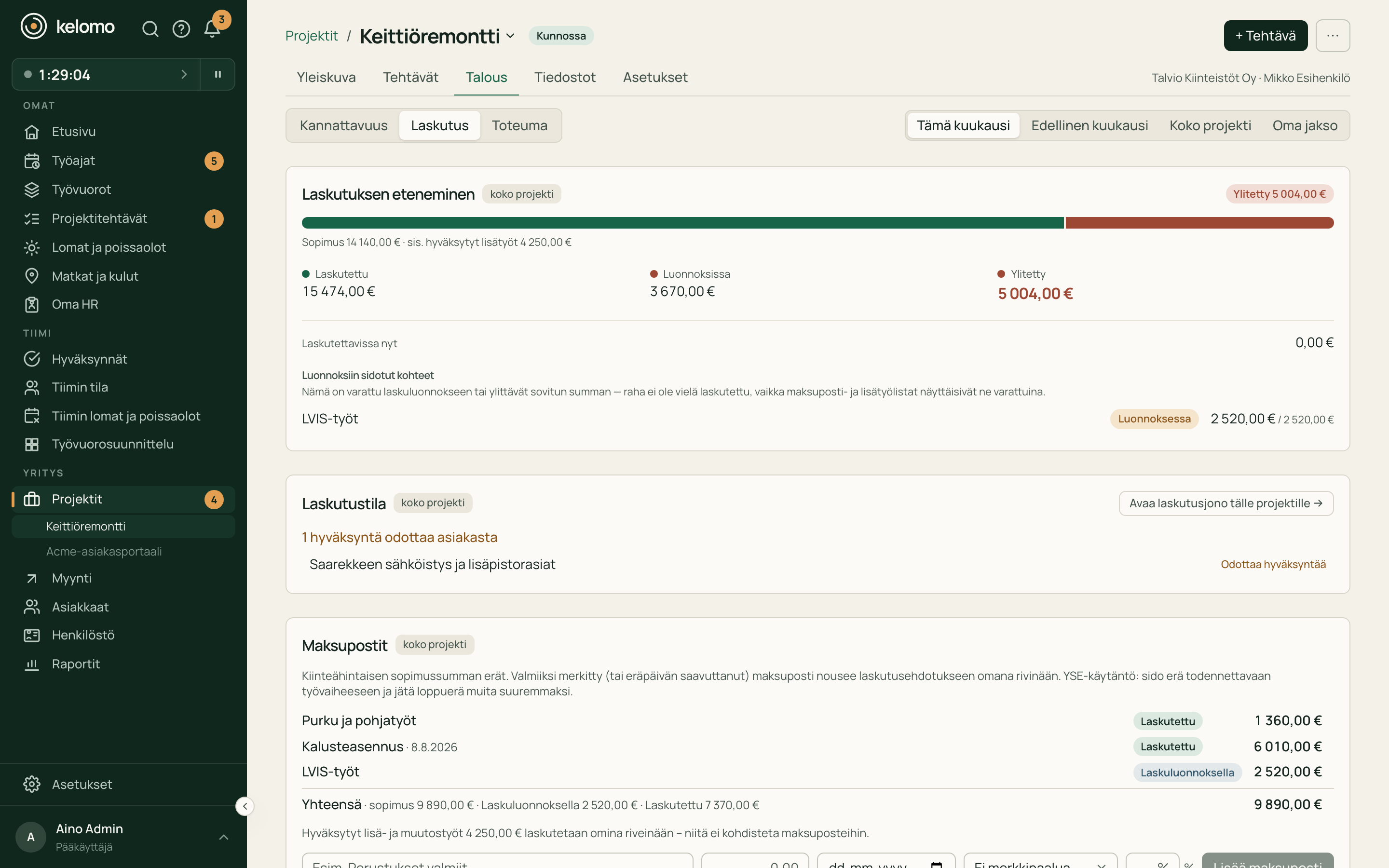 Projektin laskutus, maksupostit ja asiakkaan hyväksymät muutostyöt Kelomossa