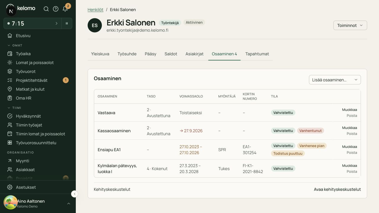 Työntekijän pätevyydet, voimassaoloajat ja vanhenemisesta kertovat merkinnät