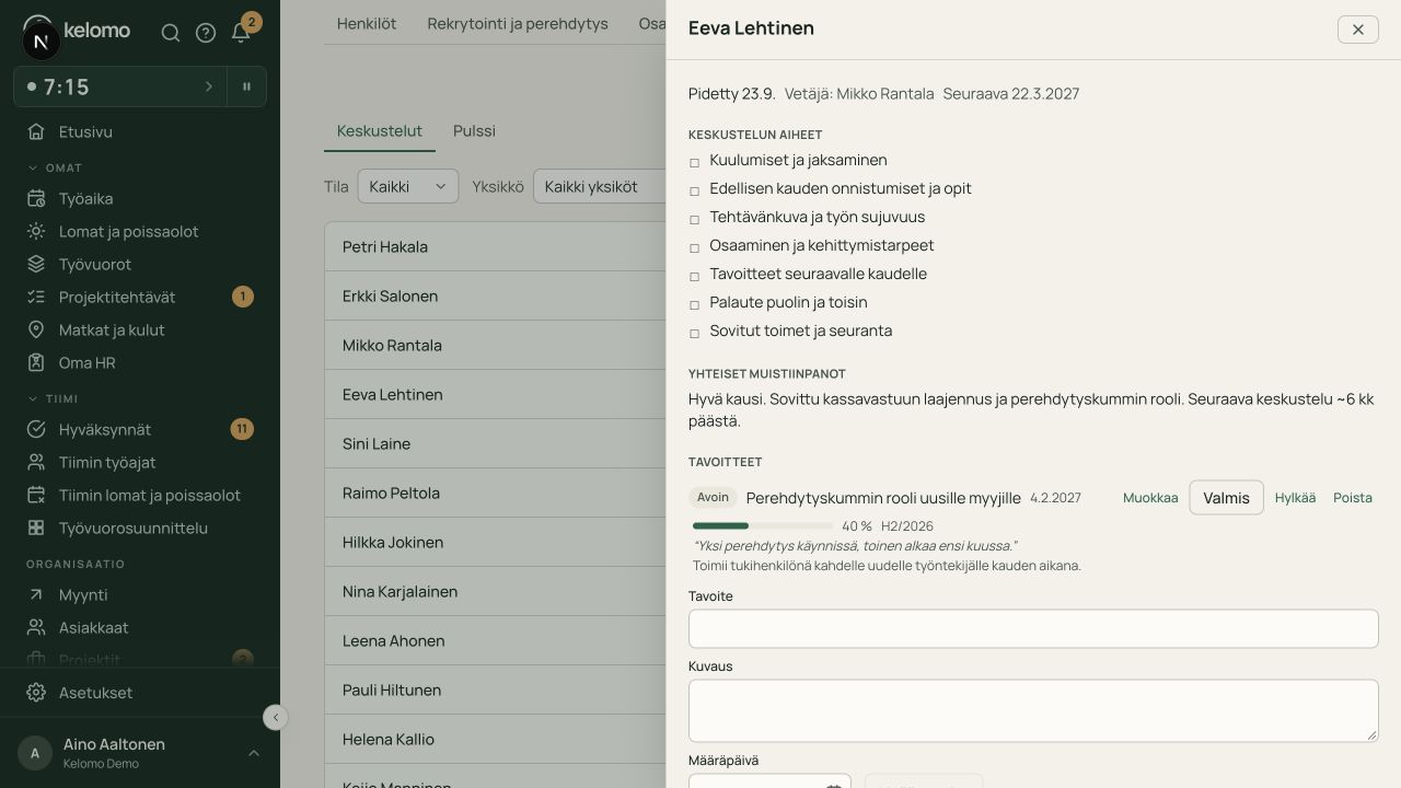 Kehityskeskustelun aiheet, yhteiset muistiinpanot ja tavoitteiden eteneminen