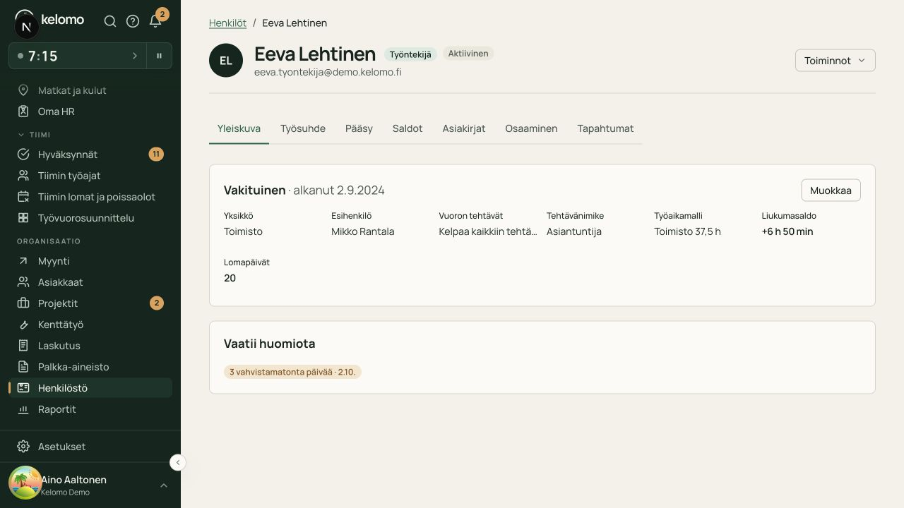 Työntekijän työsuhteen perustiedot, esihenkilö ja työaikamalli