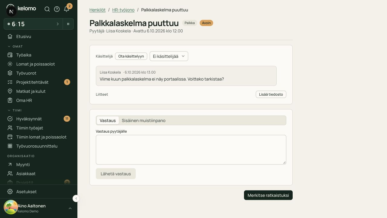 HR-palvelupyynnön viestiketju, käsittelijän valinta ja vastaaminen
