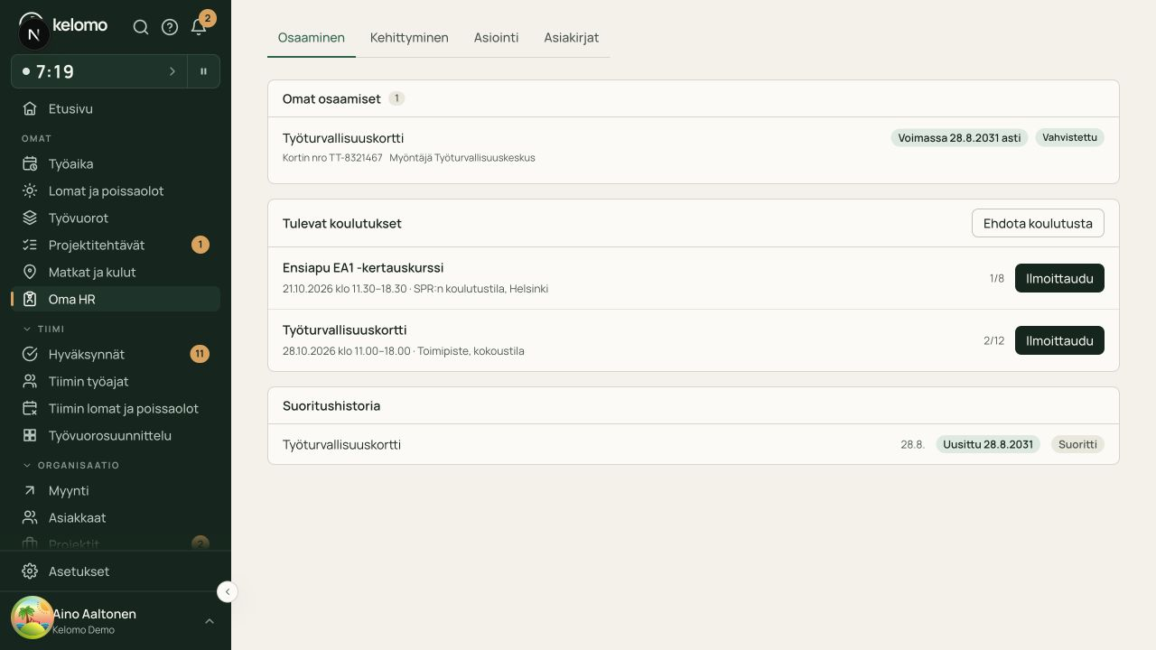 Työntekijän omat pätevyydet, koulutukset ja suoritushistoria