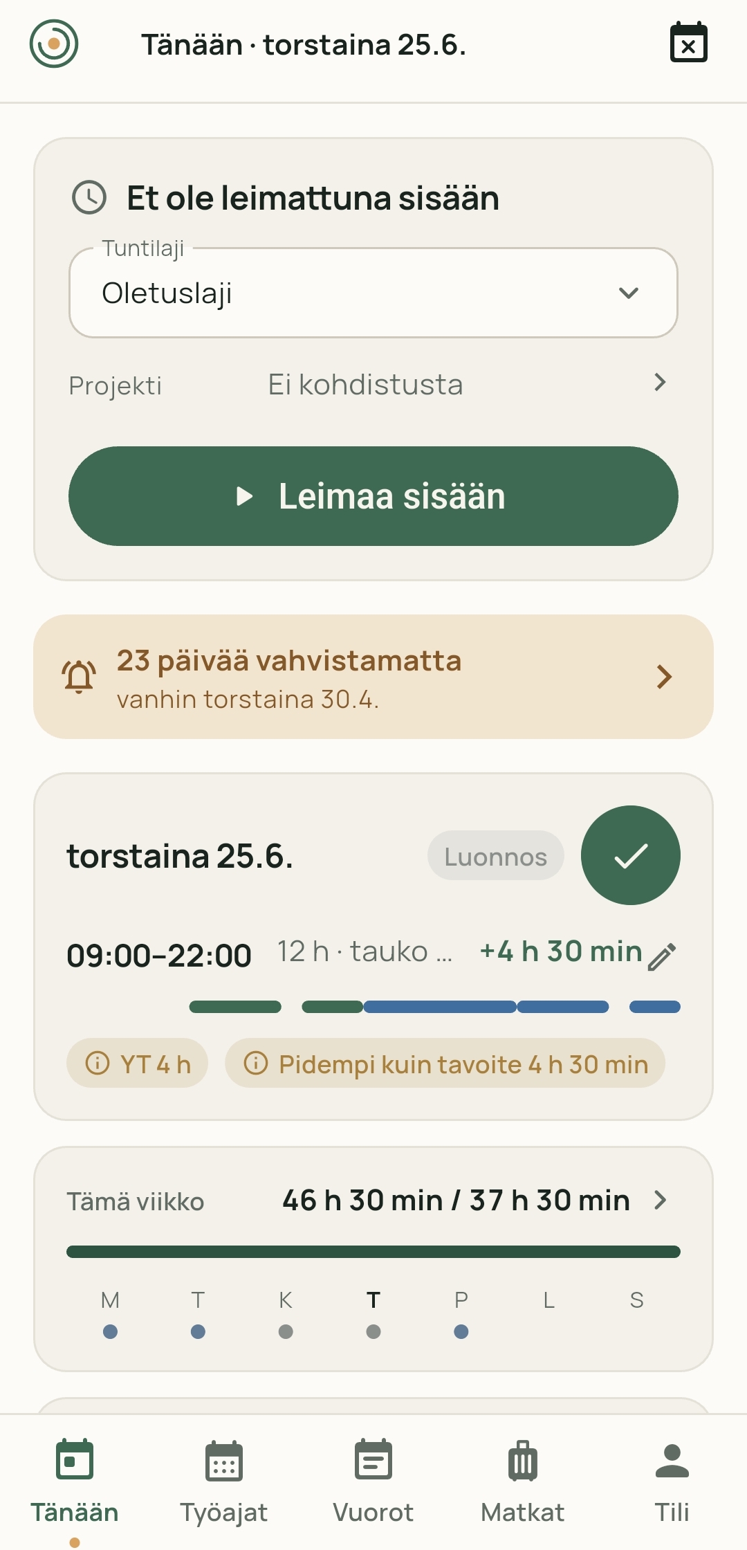 Kelomon mobiilisovellus: työntekijän päivänäkymä