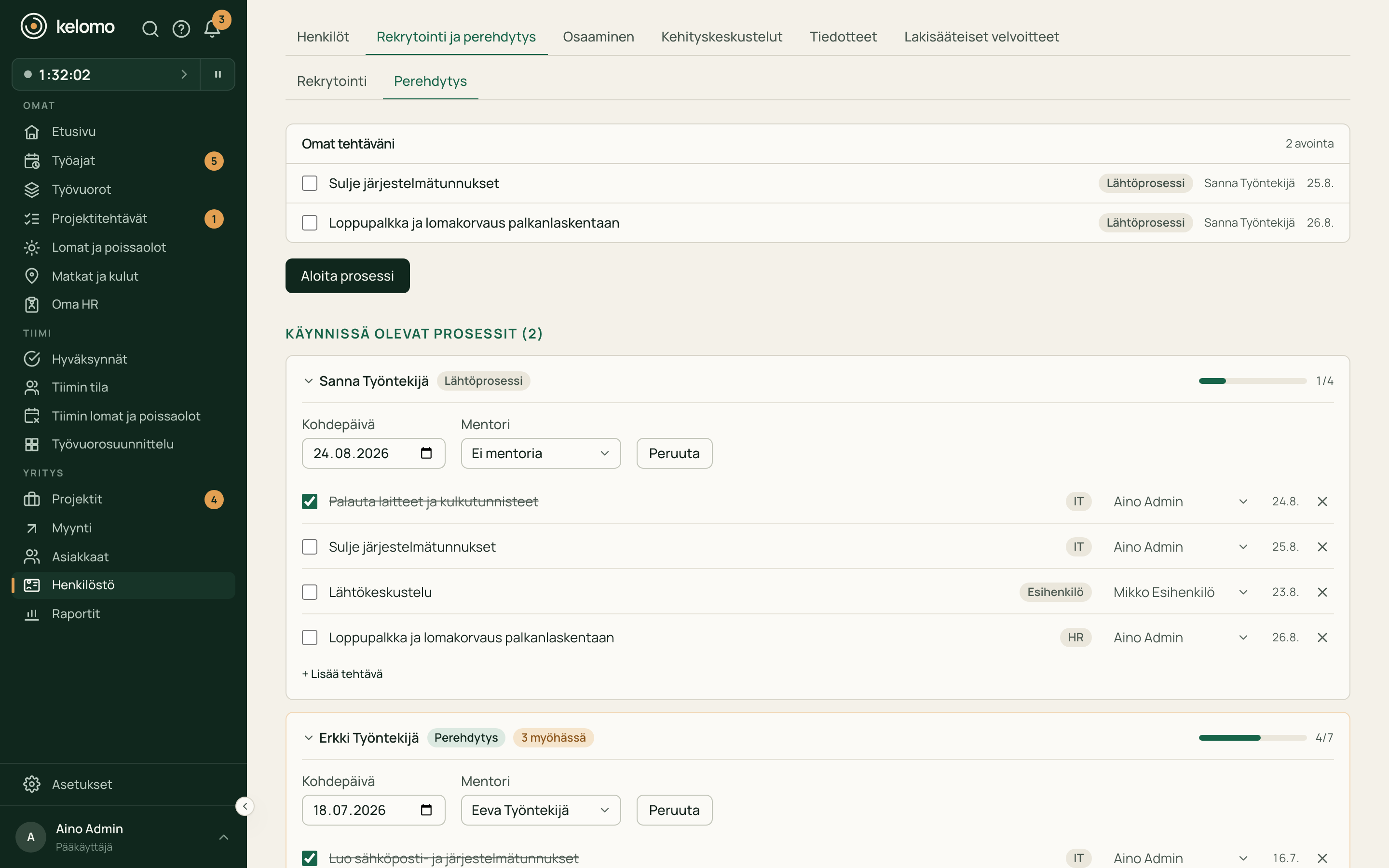 Perehdytyksen tarkistuslistat: tehtävät, vastuuhenkilöt ja edistyminen