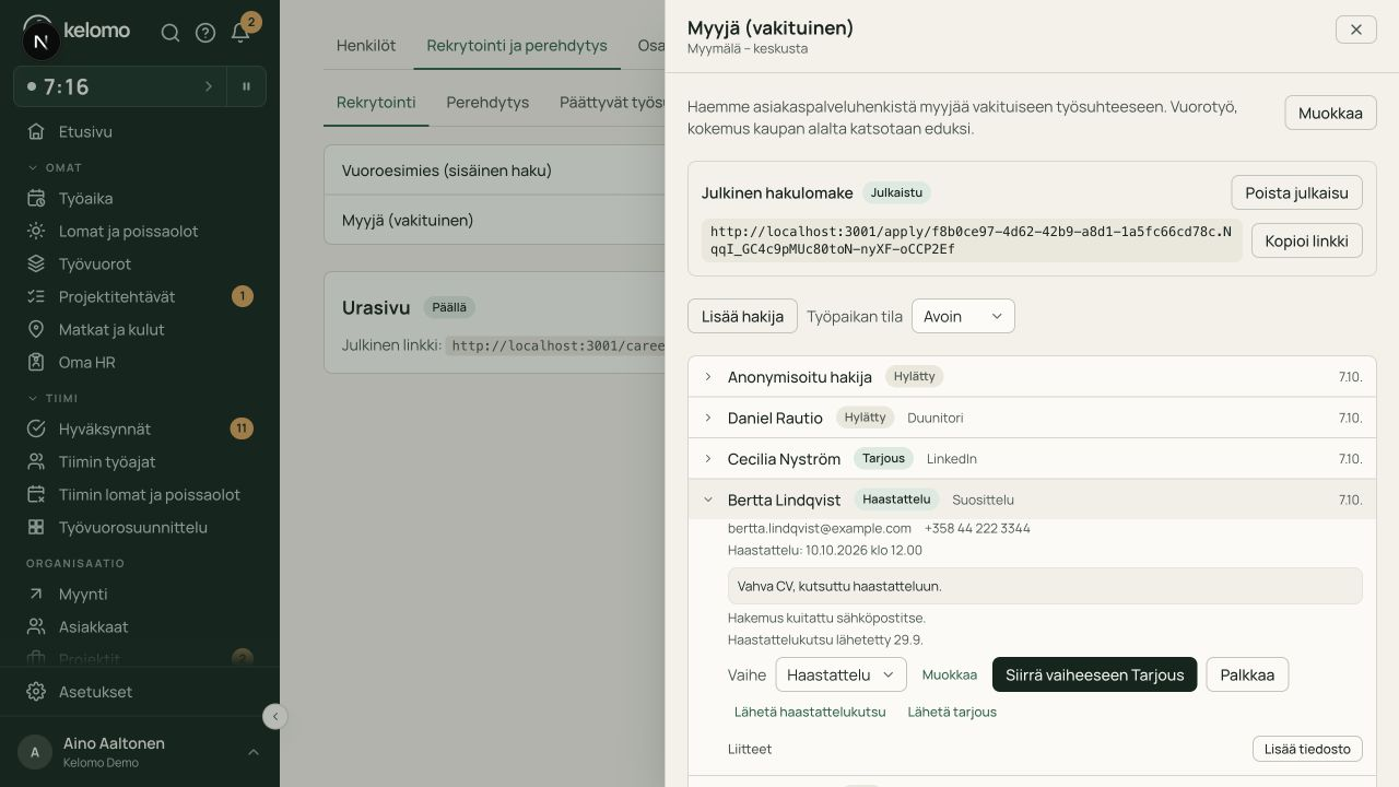Rekrytoinnin hakijat, hakemuksen muistiinpanot ja haastattelun seuraava vaihe