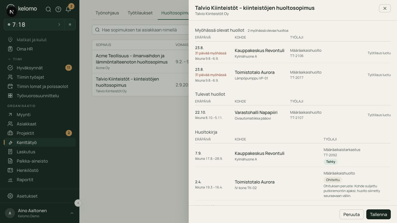Huoltosopimuksen tulevat huollot, eräpäivät ja aiemmin tehdyt työt