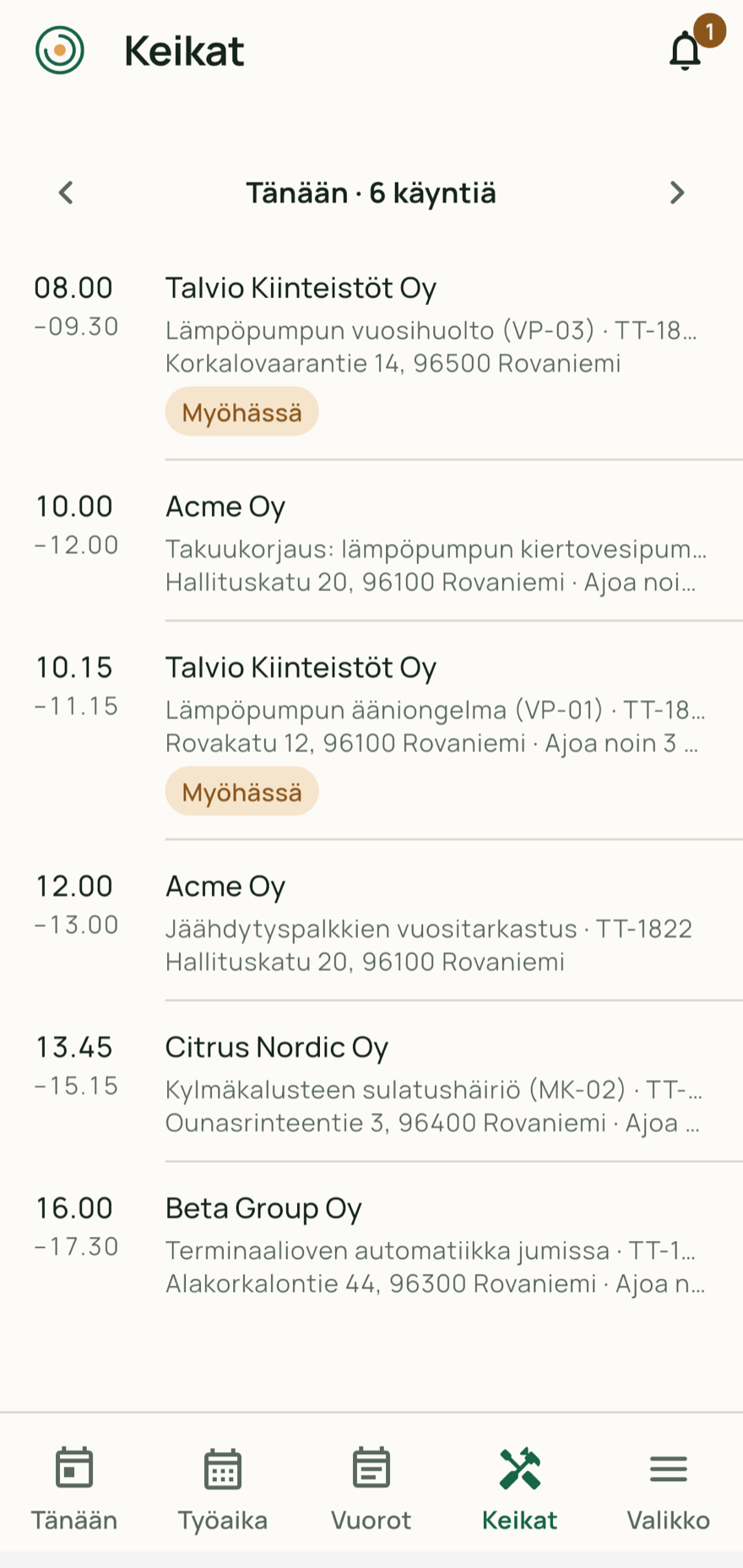 Asentajan Keikat-välilehti puhelimessa: päivän käynnit, ajoajat ja tilat
